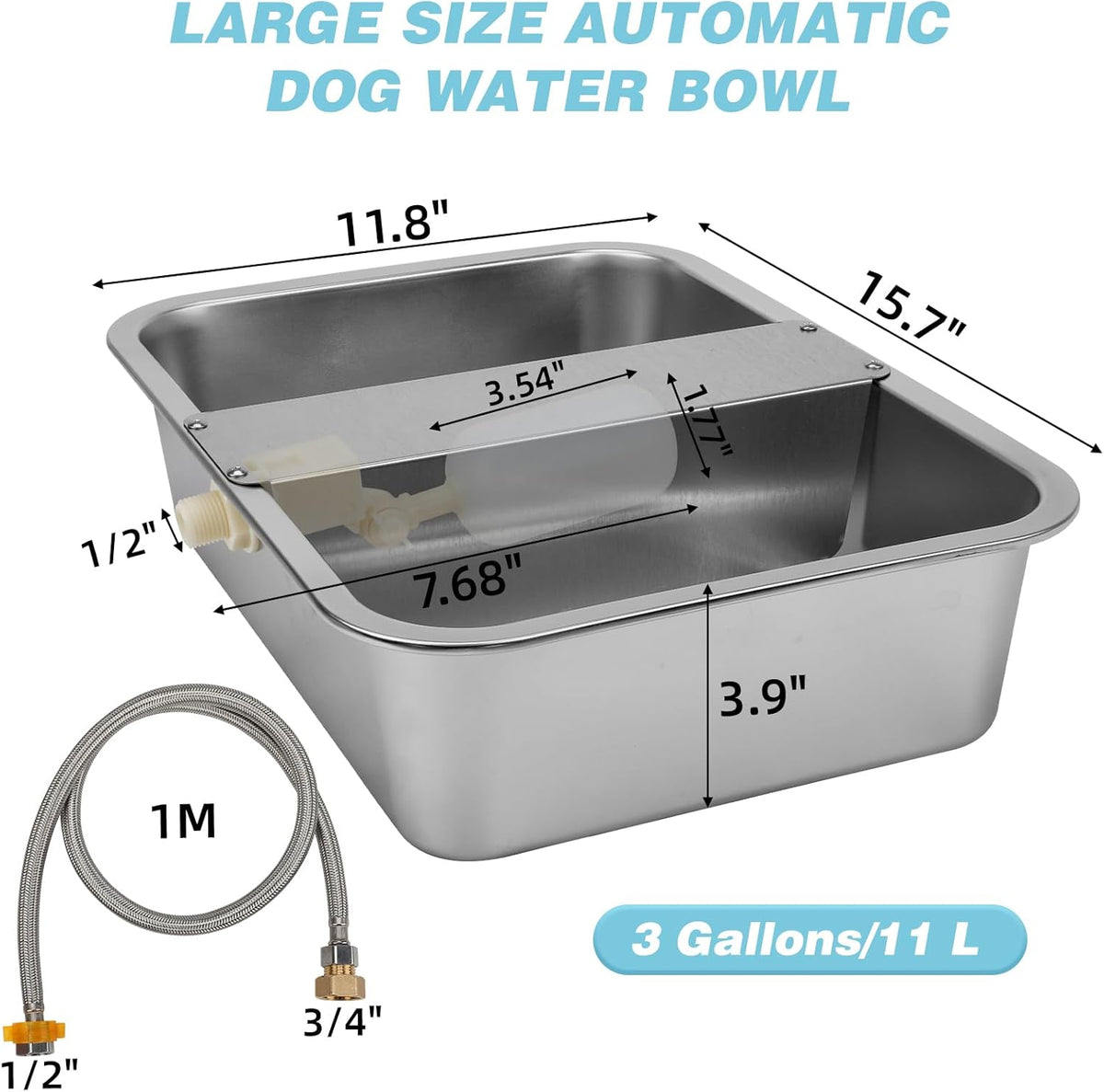 3 Gallon Automatic Dog Water Dispenser, Large Dog Water Bowl Dispenser for Outdoor, Stainless Steel