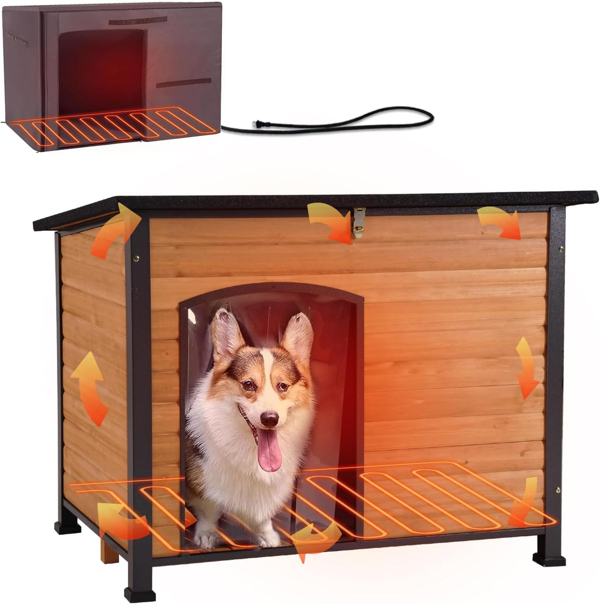 GUTINNEEN Heated Dog House Outdoor 35.5" Large Dog Kennel with Metal Frame Insulated Dog Crate Cage