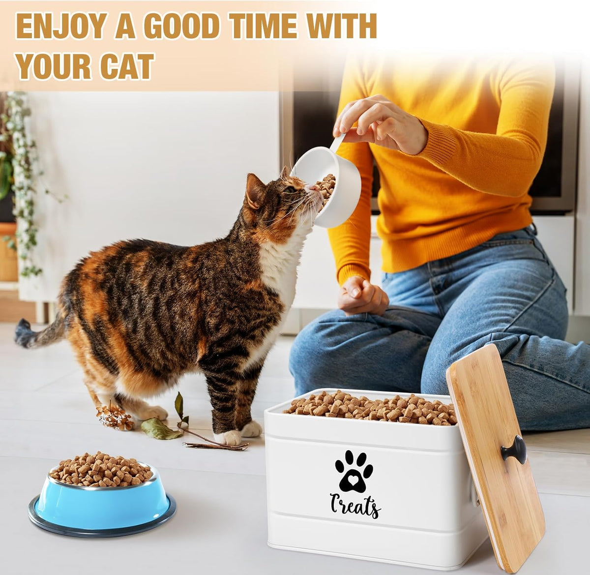 Extra Large Metal Cat Food Containers Airtight 12+3.5 lbs Cat Treat Snack Jars Set of 2 with Bamboo