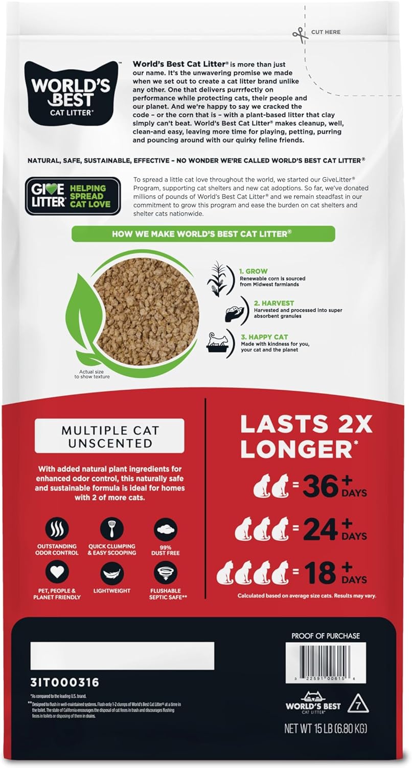 WORLD'S BEST CAT LITTER Multiple Cat Unscented, 15-Pounds - Natural Ingredients, Quick Clumping