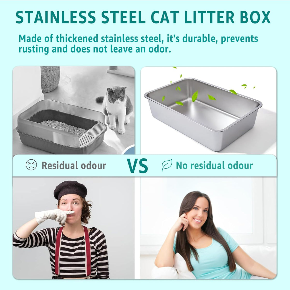 Stainless Steel Litter Box -6in High Sided,XL Metal Cat Litter Box for Big Cats Easy to Clean, Cat