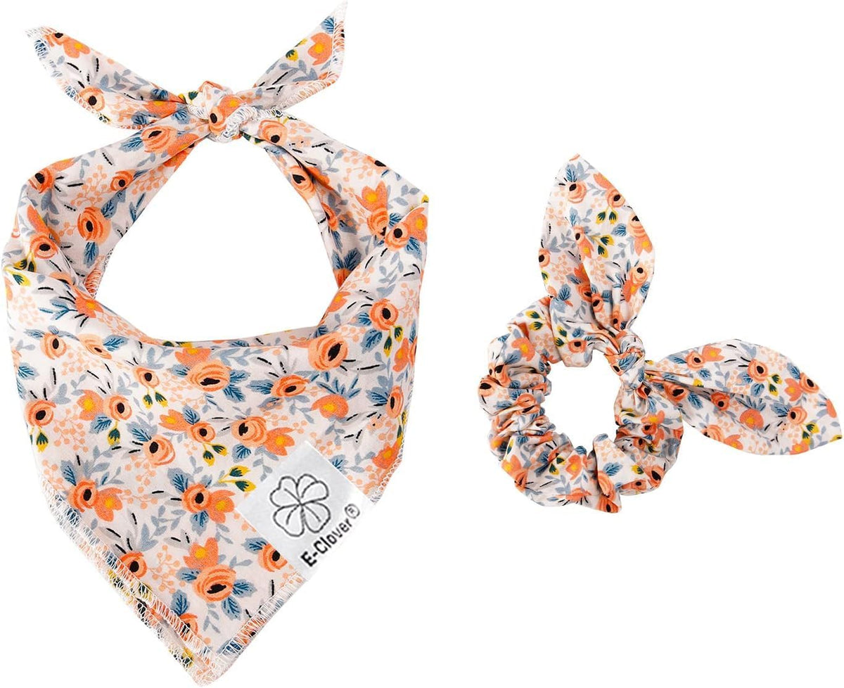 E-Clover Dog Bandanas & Matching Scrunchie Set Girl Cute Flower Dog Scarf Bibs Pet Bandana with Bow