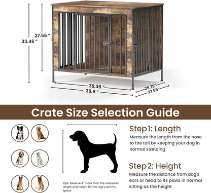 Dog Crate Furniture 40" Sturdy Heavy Duty Dog Kennel Solid Metal Tube Thick Wooden with 3 Lockable
