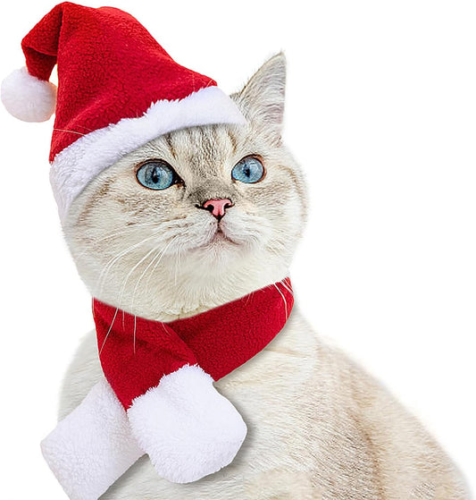 Enjoying Cat Christmas Costume, Santa Hat with Red Scarf for Cats Small Dogs, Rabbit Xmas Outfit