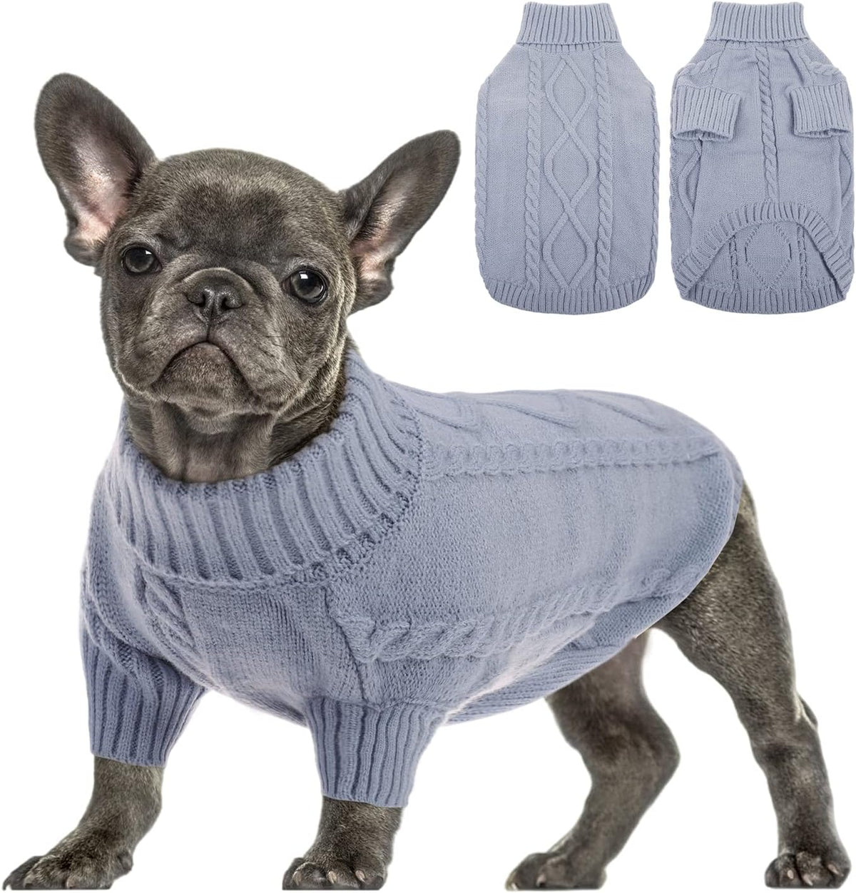 Queenmore Small Dog Pullover Sweater, Cold Weather Cable Knitwear, Classic Turtleneck Thick Warm
