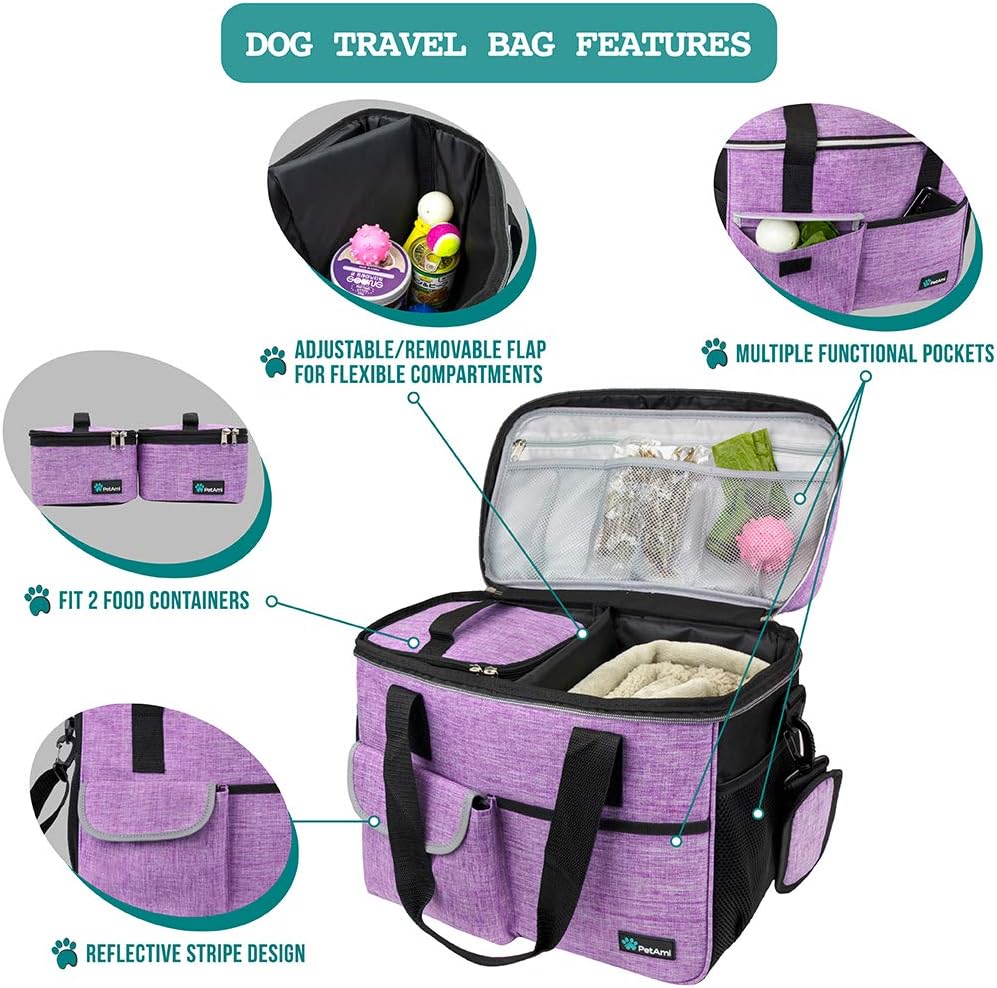 PetAmi Dog Travel Bag, Travel Pet Bag Organizer, Dog Food Travel Bag with Food Container and Bowls