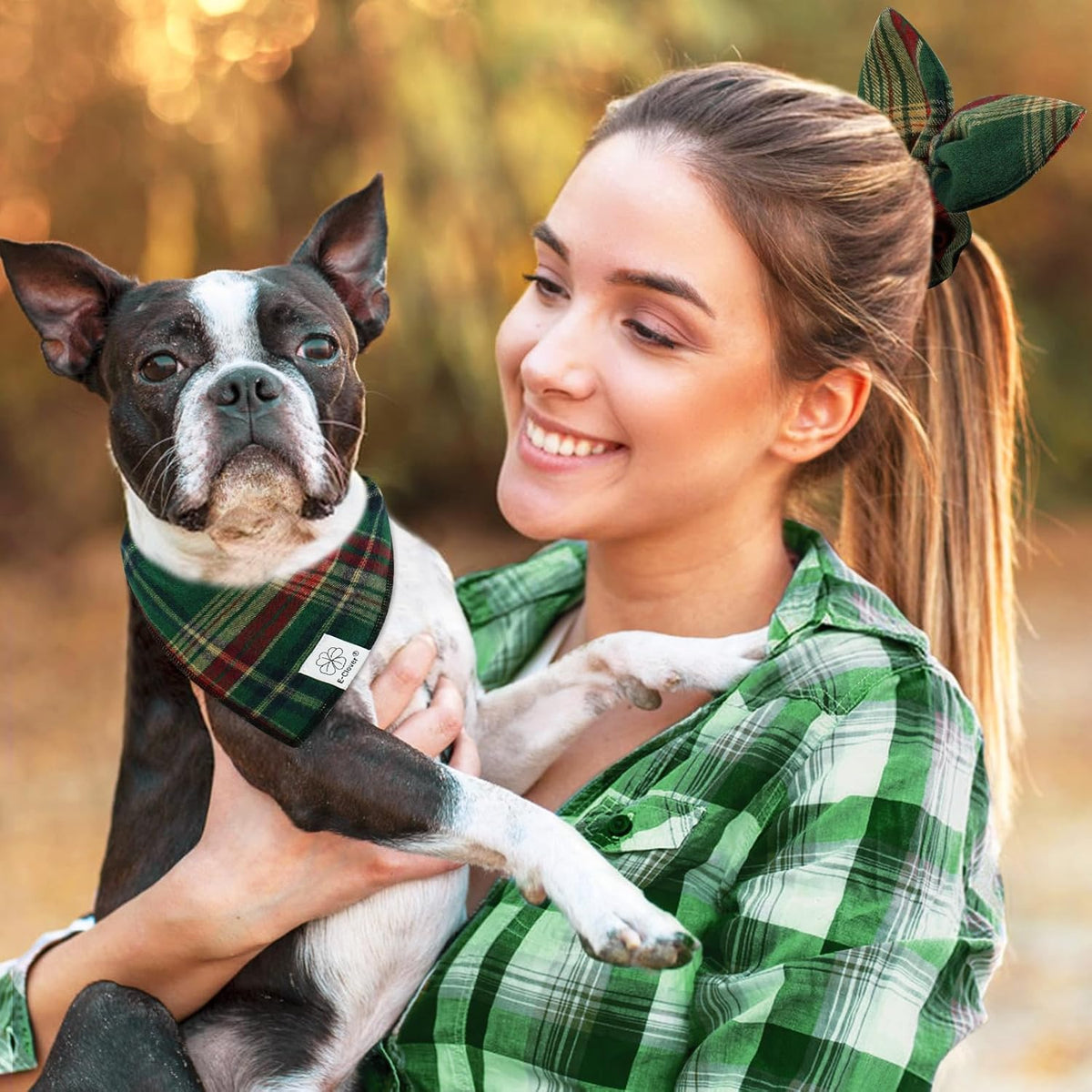 E-Clover Dog Bandana & Matching Scrunchie - Green Red Plaid Pet Scarf, Cute Costumes Accessories