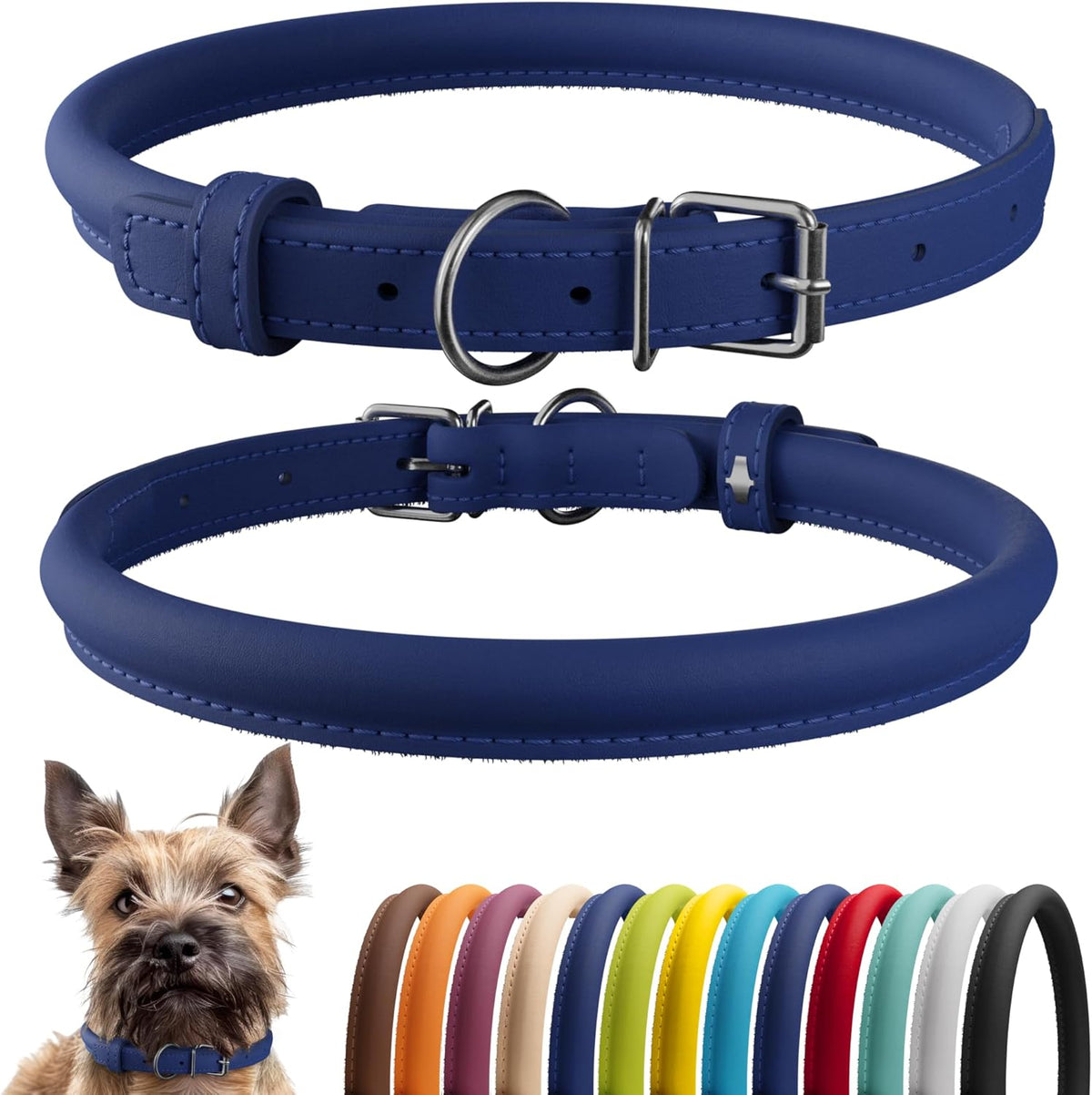 CollarDirect Rolled Leather Dog Collar, Soft Padded Round Puppy Collar, Handmade Genuine Leather