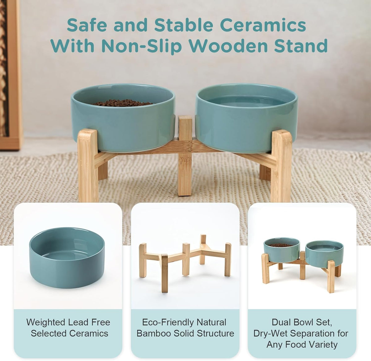 SPUNKYJUNKY Elevated Dog Bowls Ceramic, 6.1'' Dogs and Cat Food Water Bowls Raised with Non-Slip
