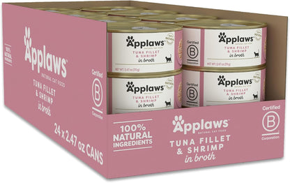 Applaws Natural Wet Cat Food, 24 Count, Limited Ingredient Canned Wet Cat Food, Tuna with Shrimp in
