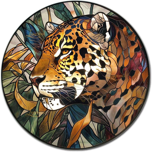 Lygond Metal Sign Tin Sign Circular Stained Glass Jaguar Boho Bedroom Decorations for Yard 12×12