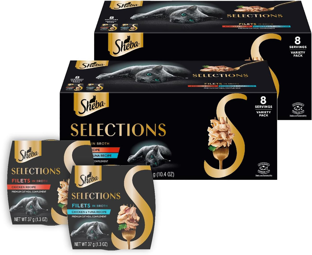 Sheba Selections Filets in Broth Adult Wet Cat Meal Complement Chicken or Tuna Recipe, 1.3 oz.