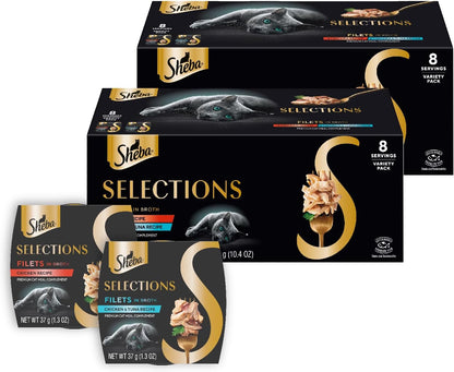 Sheba Selections Filets in Broth Adult Wet Cat Meal Complement Chicken or Tuna Recipe, 1.3 oz.