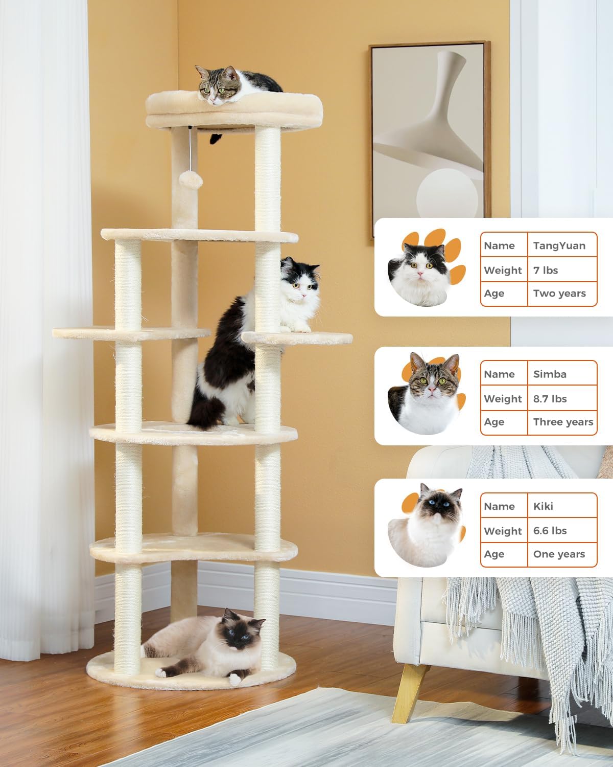 PETEPELA 61" Cat Tree for Indoor Cats, [6-Levels] Cat Climbing Tower with 9 Sisal Scratching Posts