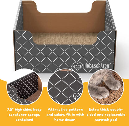 HIDE & SCRATCH Cat Scratcher Box and Cat Bed with Refillable Double-Sided Cardboard Scratch Pad for