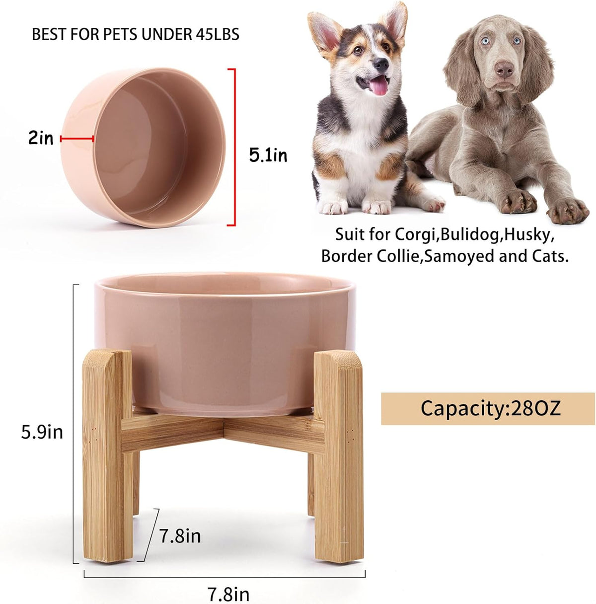 Petygooing 28 OZ Elevated/Raised Ceramic Dog Bowl for Small Medium Breeds, Dog Food Water Dish with