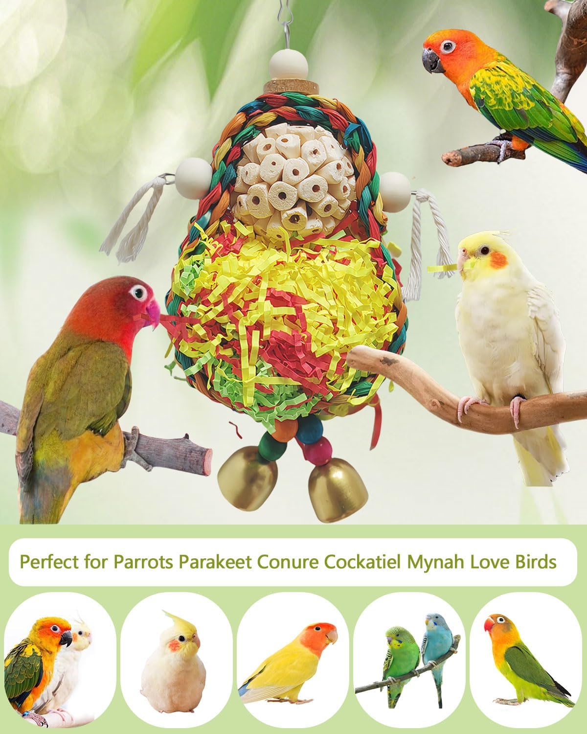 Bird Hoop Swing and Parakeet Toys,Natural Sola Balls and Shredding Hanging Toy,Birds Rope