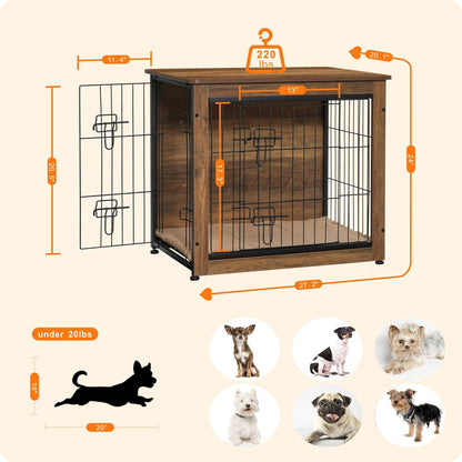 DWANTON Dog Crate Furniture with Cushion, Wooden Kennel Table with Double Doors, Indoor Dog House