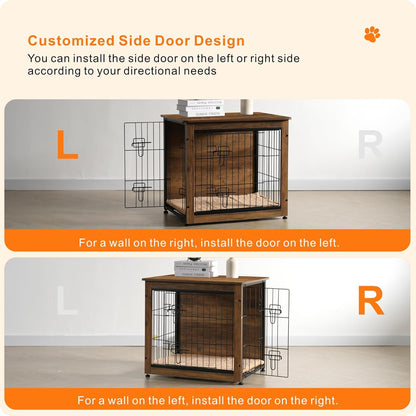 DWANTON Dog Crate Furniture with Cushion, Wooden Kennel Table with Double Doors, Indoor Dog House