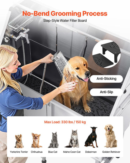 VEVOR Stainless Steel Dog Washing Station, 50 inch Pet Grooming Tub w/Ramp, PE Water Filter Board