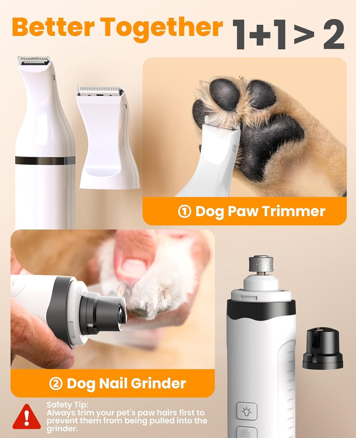 oneisall Dog Nail Grinder and Paw Trimmer Kit 2 in 1 Quiet Rechargeable Electric Pet Nail Grinder