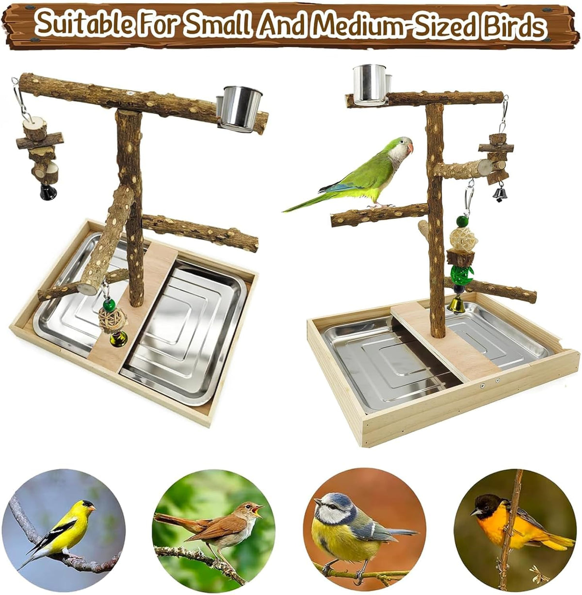 Tfwadmx Bird Perch Natural Wood Stand Toy Parrot Play Stand Platform Bird Cage with Removable Tray