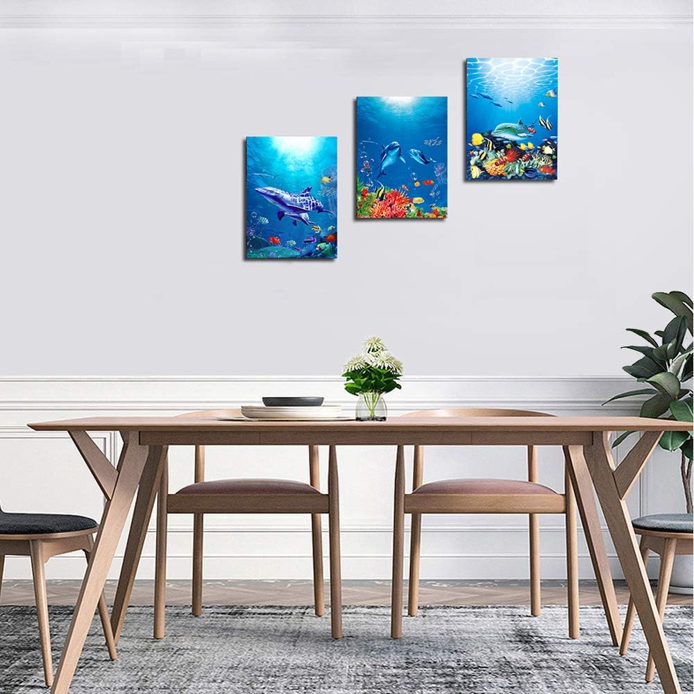 blue ocean fish 3 Pieces Framed Wall Art for Living Room Bathroom Wall Decoration Canvas Print
