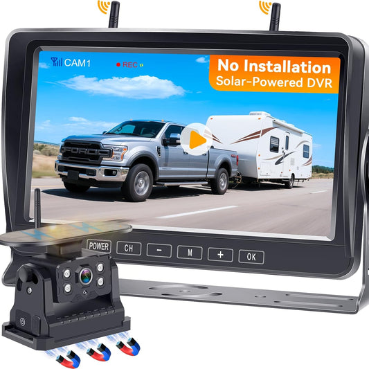 Wireless Backup Camera for RV Install-Free 7-Inch: Magnetic HD 1080P Recording Solar Rear View