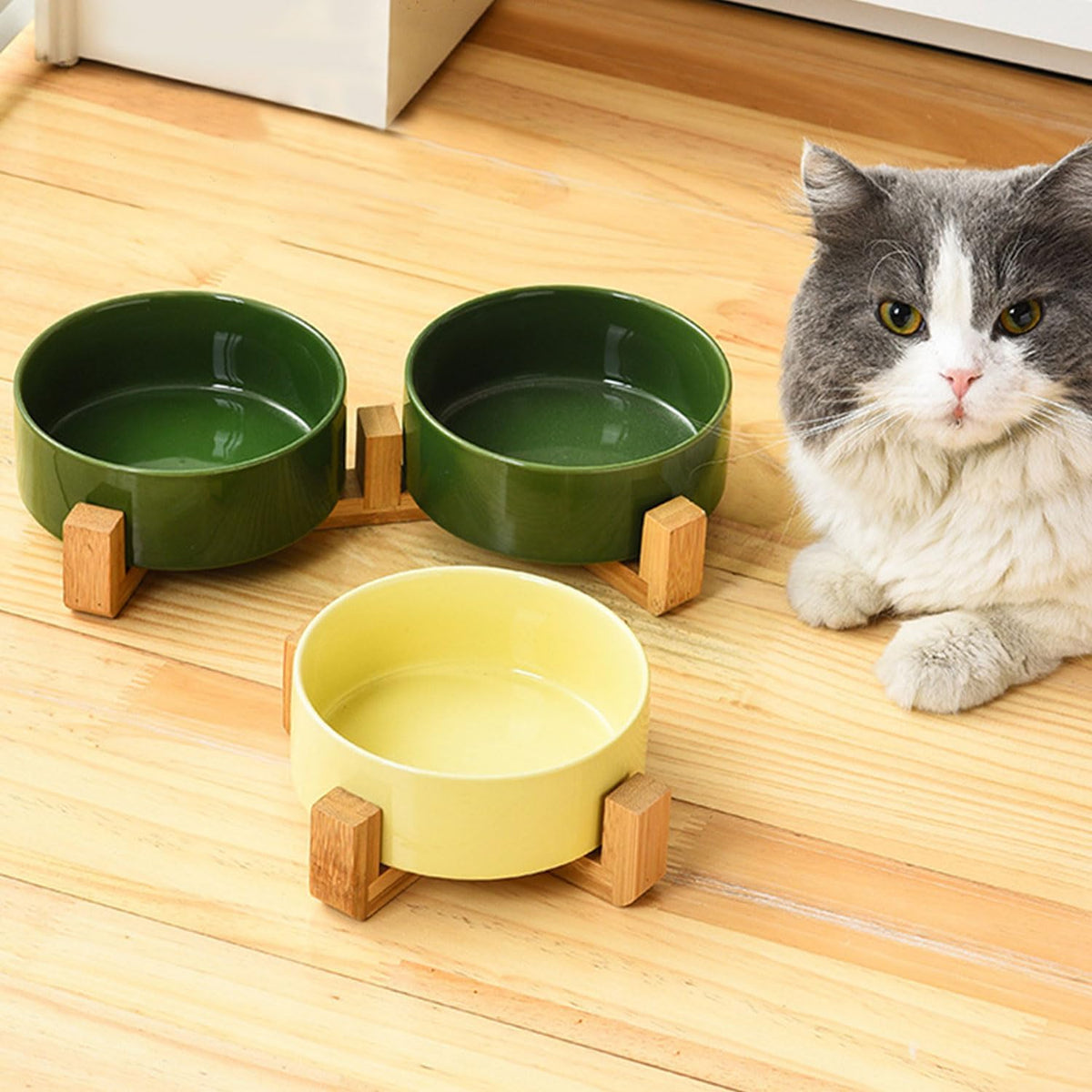 Petygooing Dog Bowls,Ceramic Cat Dog Bowl Set with Wood Stand for Food and Water,Non-Slip Cute
