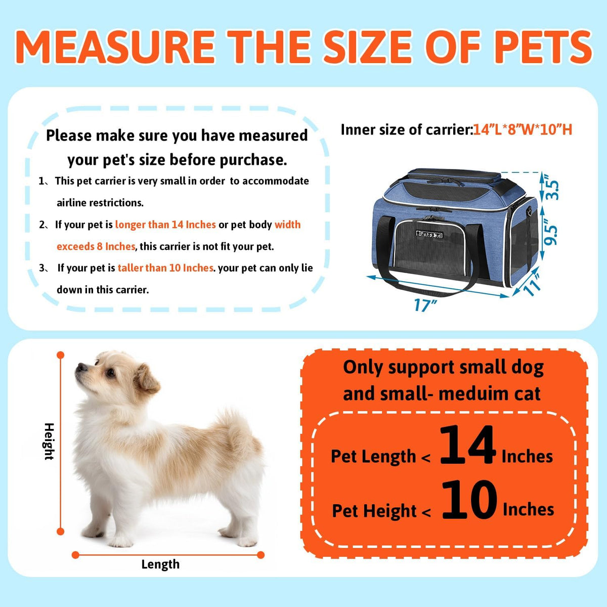 Petskd Top-Expandable Pet Carrier 17x11x9.5 Inches Alaska Airline Approved, Soft-Sided Carrier for