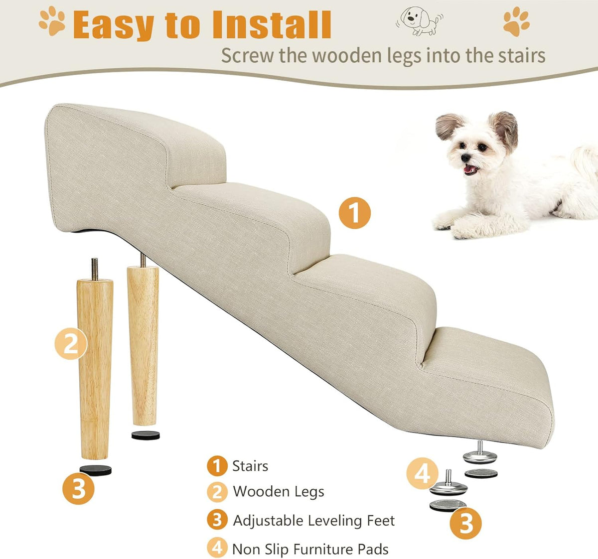 Senneny Imitation Linen Faux Leather Dog Stairs, for Pets up to 150 lbs, Waterproof, Scratch