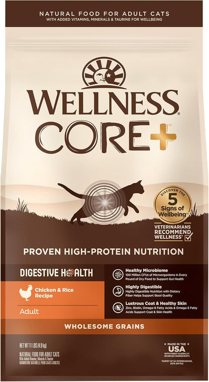Wellness CORE+ Adult Dry Cat Food for Indoor and Outdoor Cats, Wholesome Grains, Natural, Digestive