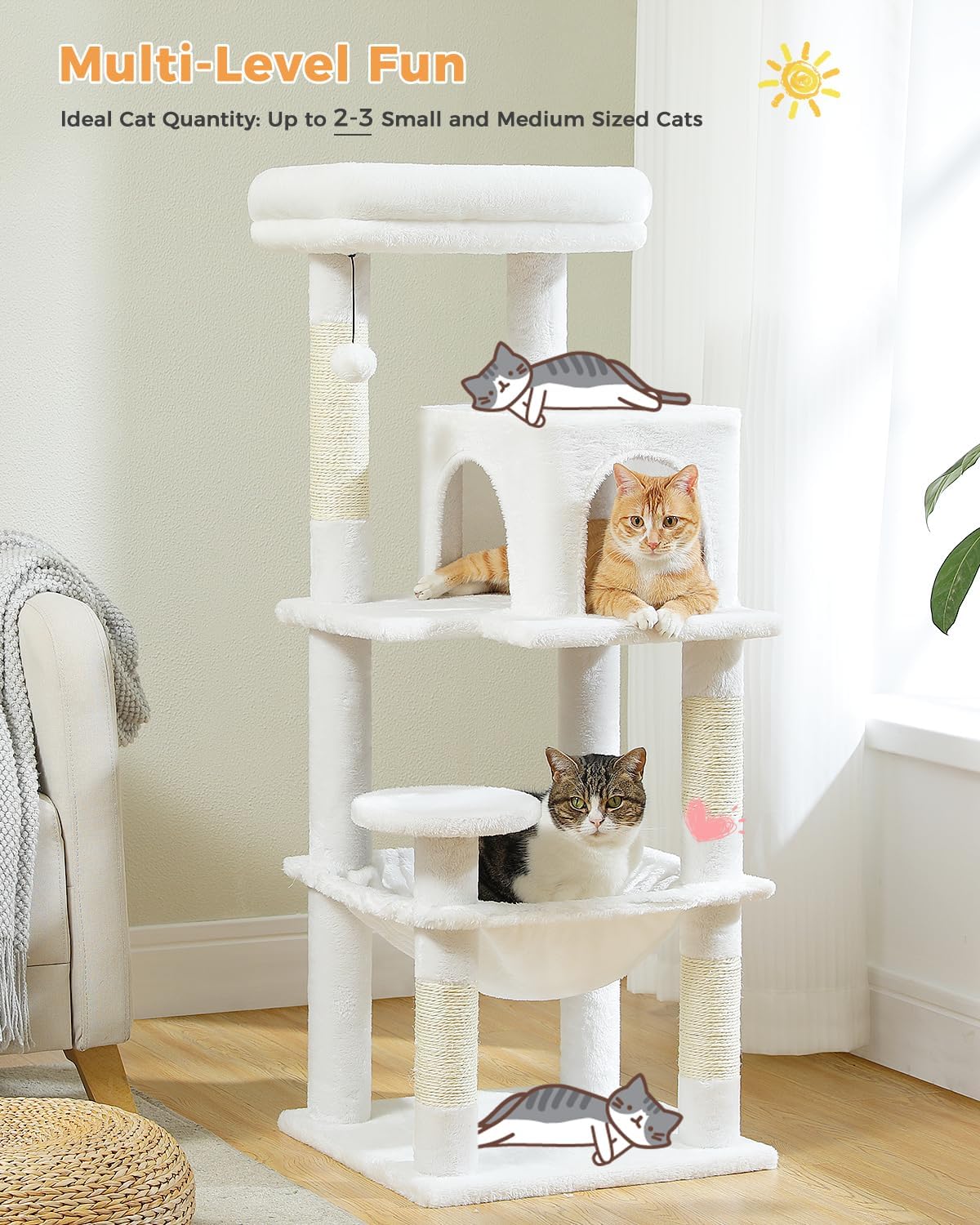 White Cat Tree for Indoor Cats, 45.7" Multi-Level Cat Tower with Large Metal Frame Hammock, Cat
