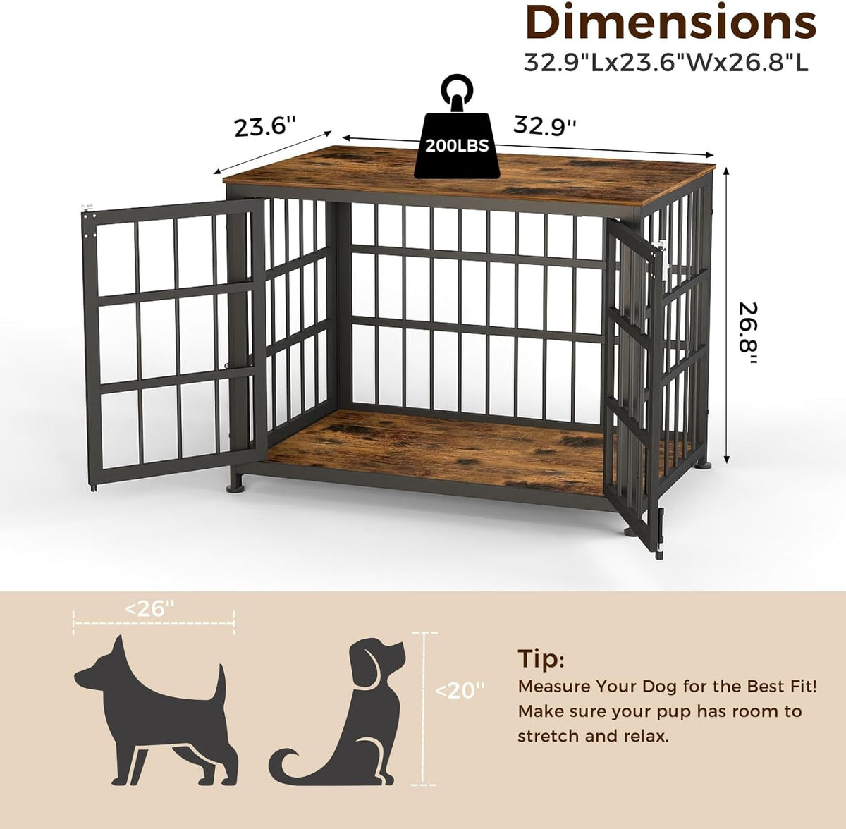 32 Inch Heavy Duty Wooden Dog Kennel End Table with Double Door Design and Secure Locks, Indoor Pet