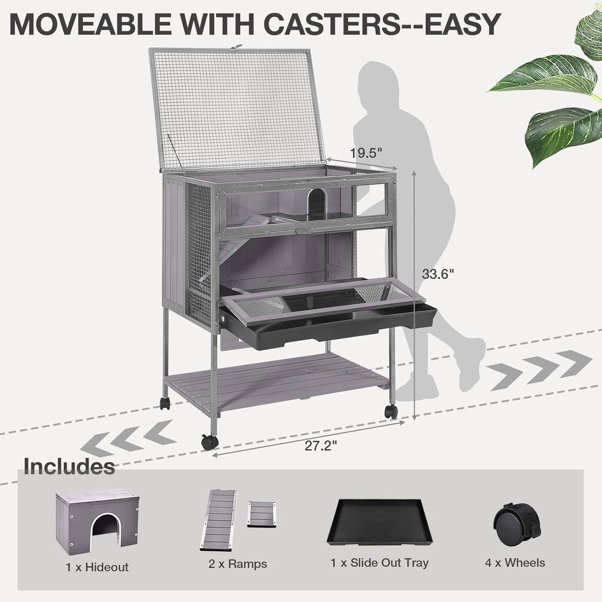 Guinea Pig Cage, Moveable Metal Frame Hamster Cage Anti-Chewing with Aluminium Alloy Edge