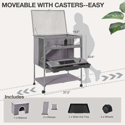 Guinea Pig Cage, Moveable Metal Frame Hamster Cage Anti-Chewing with Aluminium Alloy Edge