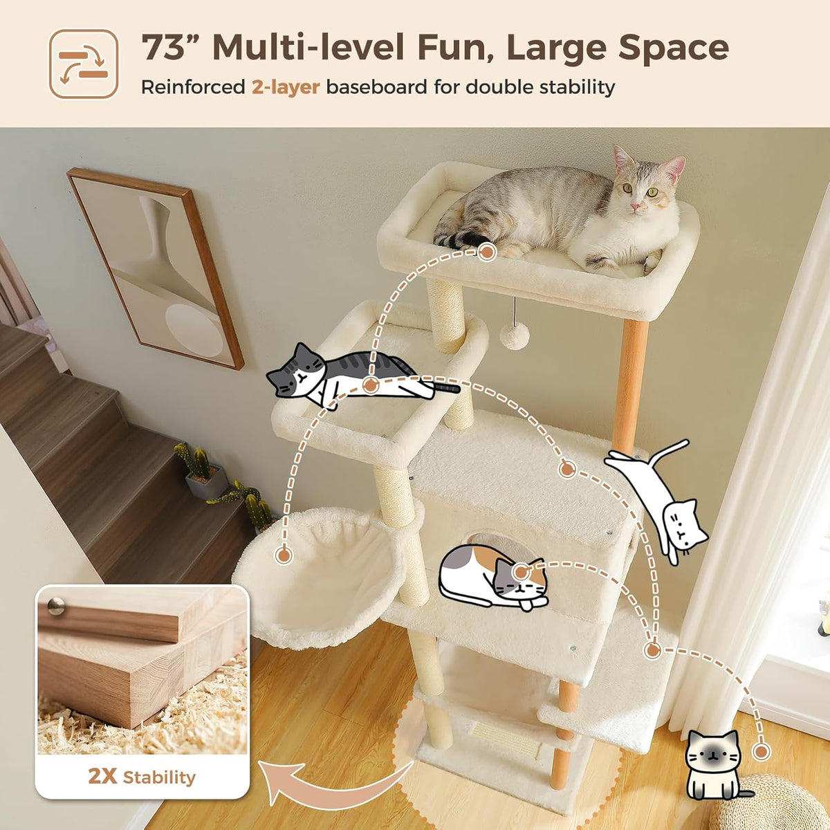 PAWZ Road Large Cat Tree, 73 Inches Tall Wooden Cat Tower with 2 Spacious Hammocks,2 Big Top Beds,8