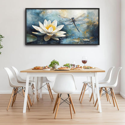 Extra Large Lotus Dragonfly Framed Wall Art for Living Room,Abstract Blue Lotus Flower Lake