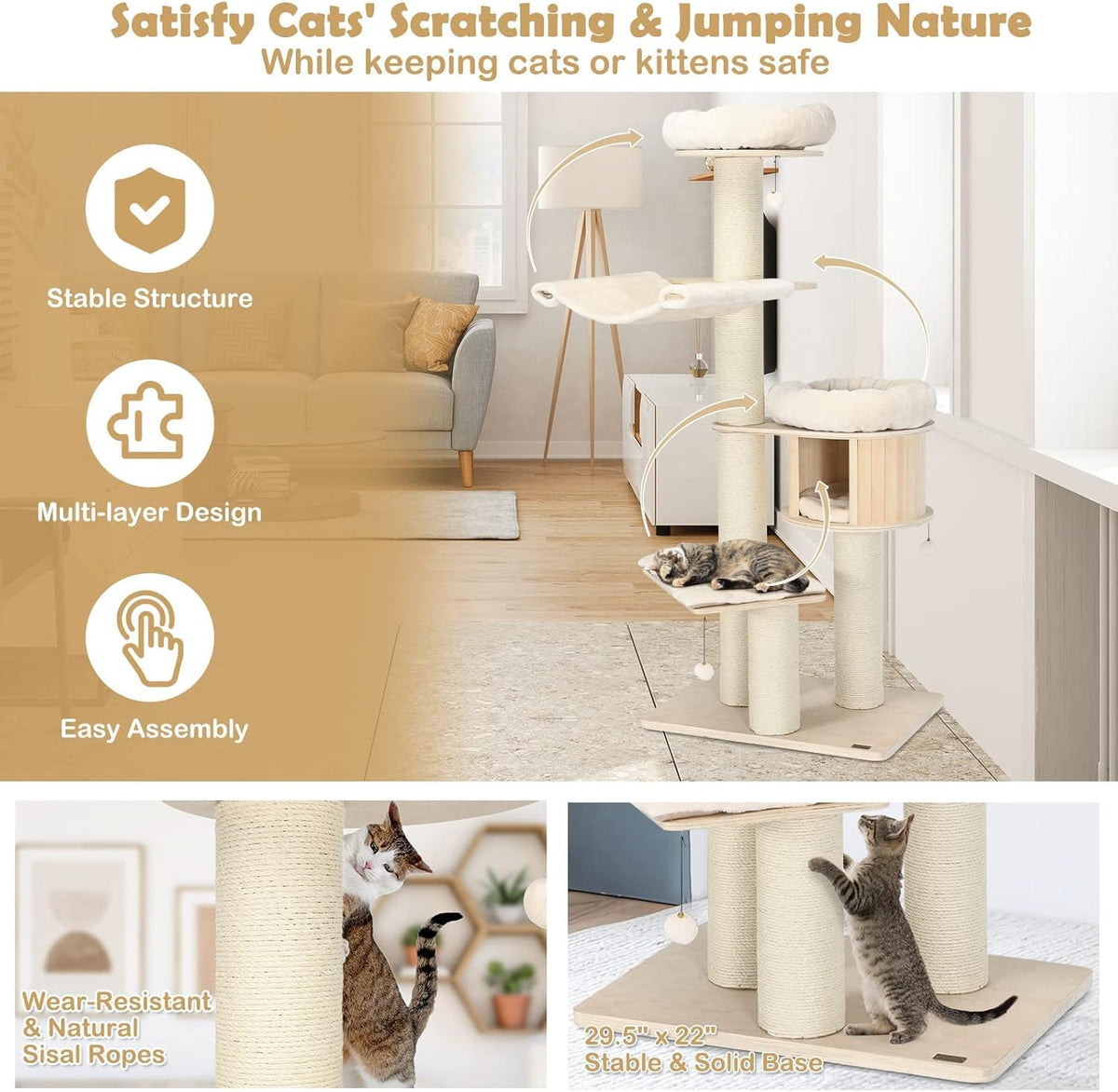 Tangkula Modern Cat Tree, Multi-Level Large Cat Tower with Condo, Hammocks & Hanging Basket, Tall