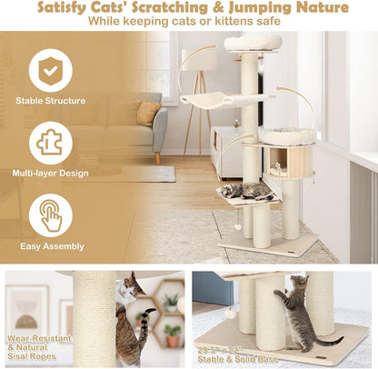 Tangkula Modern Cat Tree, Multi-Level Large Cat Tower with Condo, Hammocks & Hanging Basket, Tall