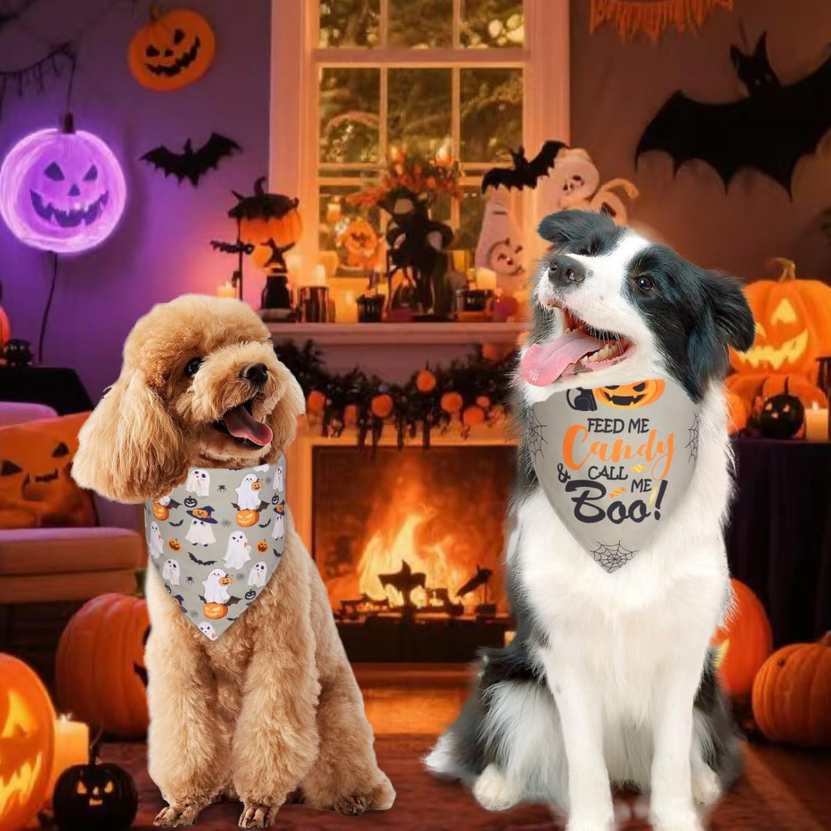Halloween Dog Bandanas XLarge 3PCS, 6 Pattern Fall Scarf for Boy and Girl, Triangle Reversible Bibs