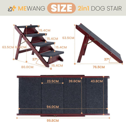 MEWANG Wooden Pet Stairs/Pet Steps - 3-in-1 Foldable Stairs & Ramp for Tall Beds and Cars