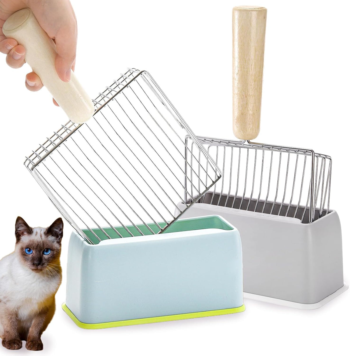 Hiceeden Set of 2 Cat Litter Scoop with Holder, Metal Kitty Litter Scoop Holder with Wooden Handle