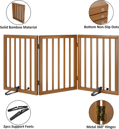 Freestanding Pet Gate Foldable Dog Gate (55 inches Wide) Walnut Bamboo Dog Gates for Stairs