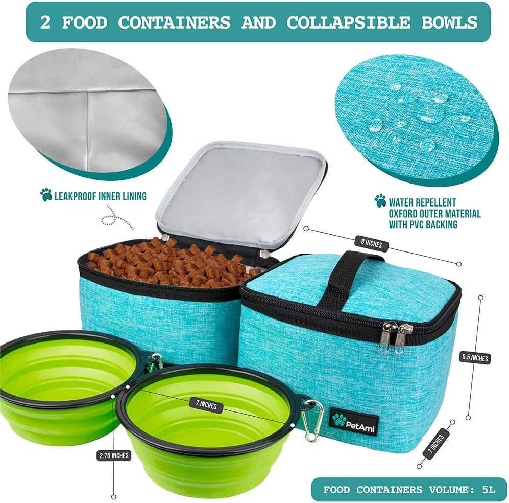 PetAmi Travel Bag Organizer - Dog & Cat Diaper Bag with Food Container and Bowls, Perfect for