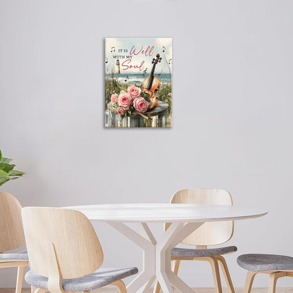 Violin Pictures Wall Art, Music Rustic Country Inspirational Bathroom Wall Decor, Coastal