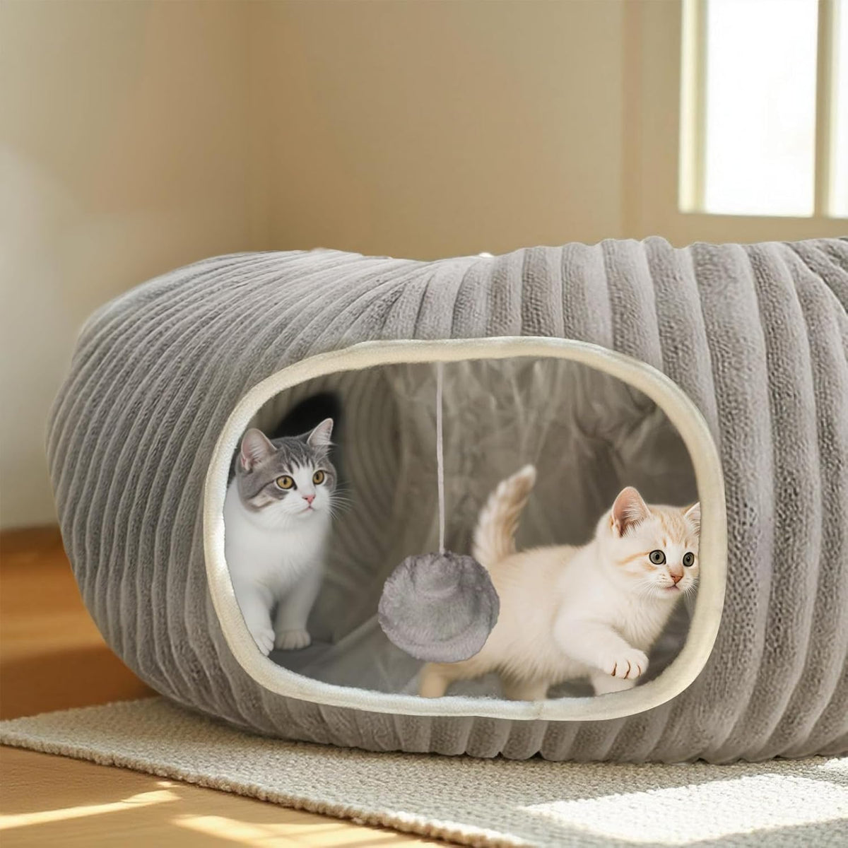 Cat Tunnel Bed for Indoor Cats, Peekaboo Cat Cave Bed,Soft Cat Donut Tunnel for Kitten Large Cats