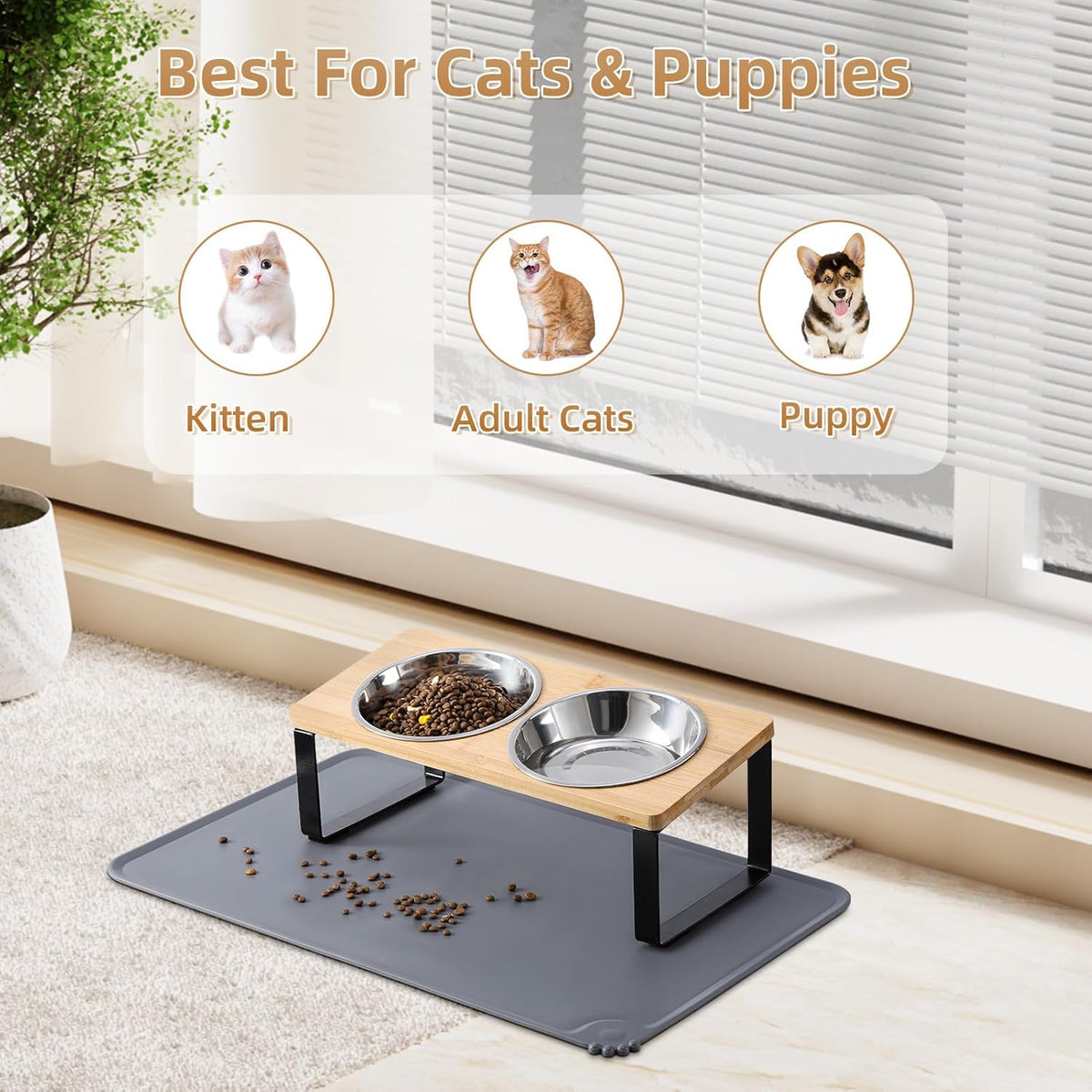 Upgraded Elevated Cat Bowls with Food Mat,15°Tilted Stand Anti Vomiting Raised Cat Dishes for Food
