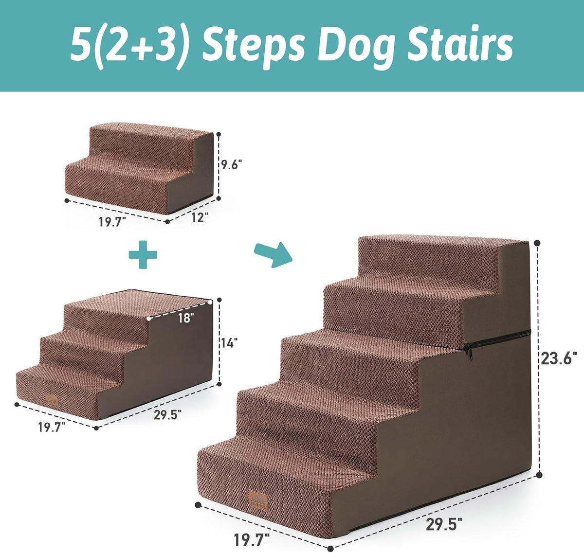 Dog Stairs for Small Dogs, 5 Tier Removable Wider Pet Stairs for Couch and Bed, 23.6" H Non-Slip