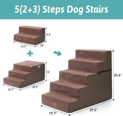 Dog Stairs for Small Dogs, 5 Tier Removable Wider Pet Stairs for Couch and Bed, 23.6" H Non-Slip